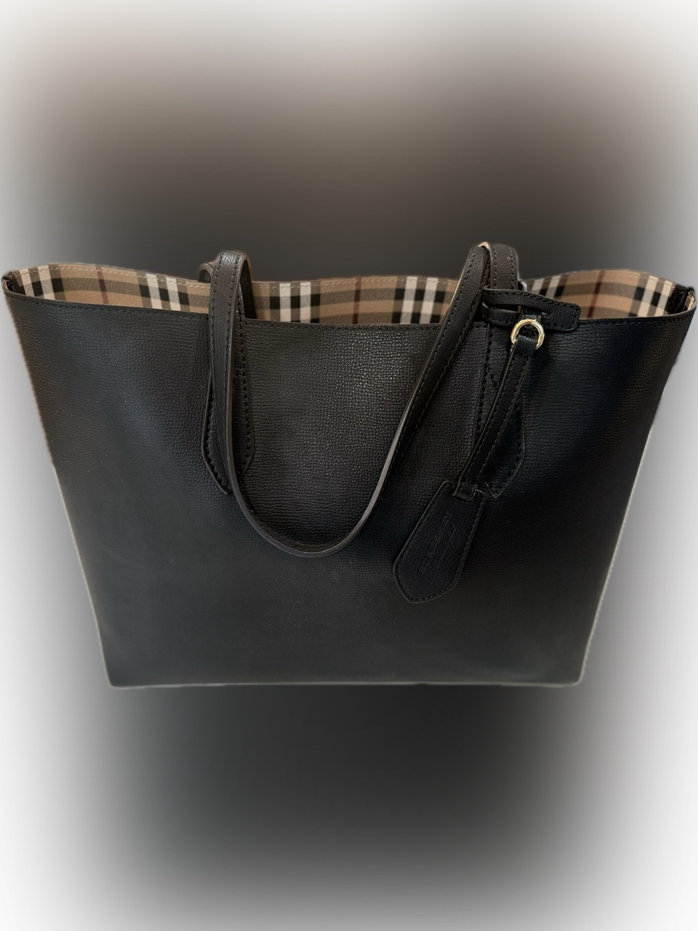 Burberry Haymarket Black Leather Tote Bag with Check Lining - Women - Reversible